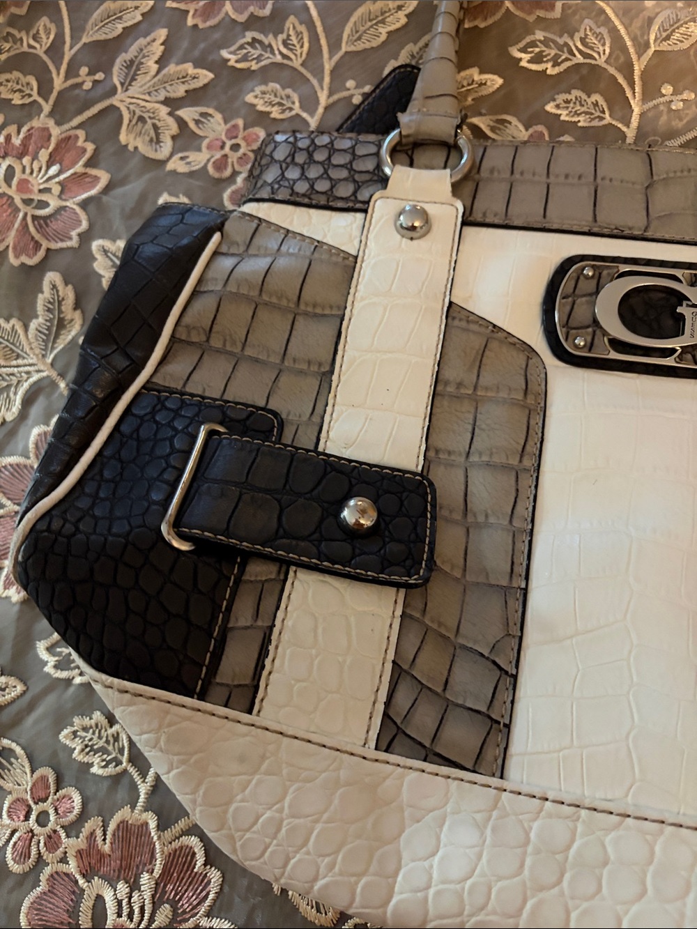 Guess Tri-Tone Faux-Croc Shoulder Bag — Cream, Gray & Black - Picture 11 of 14